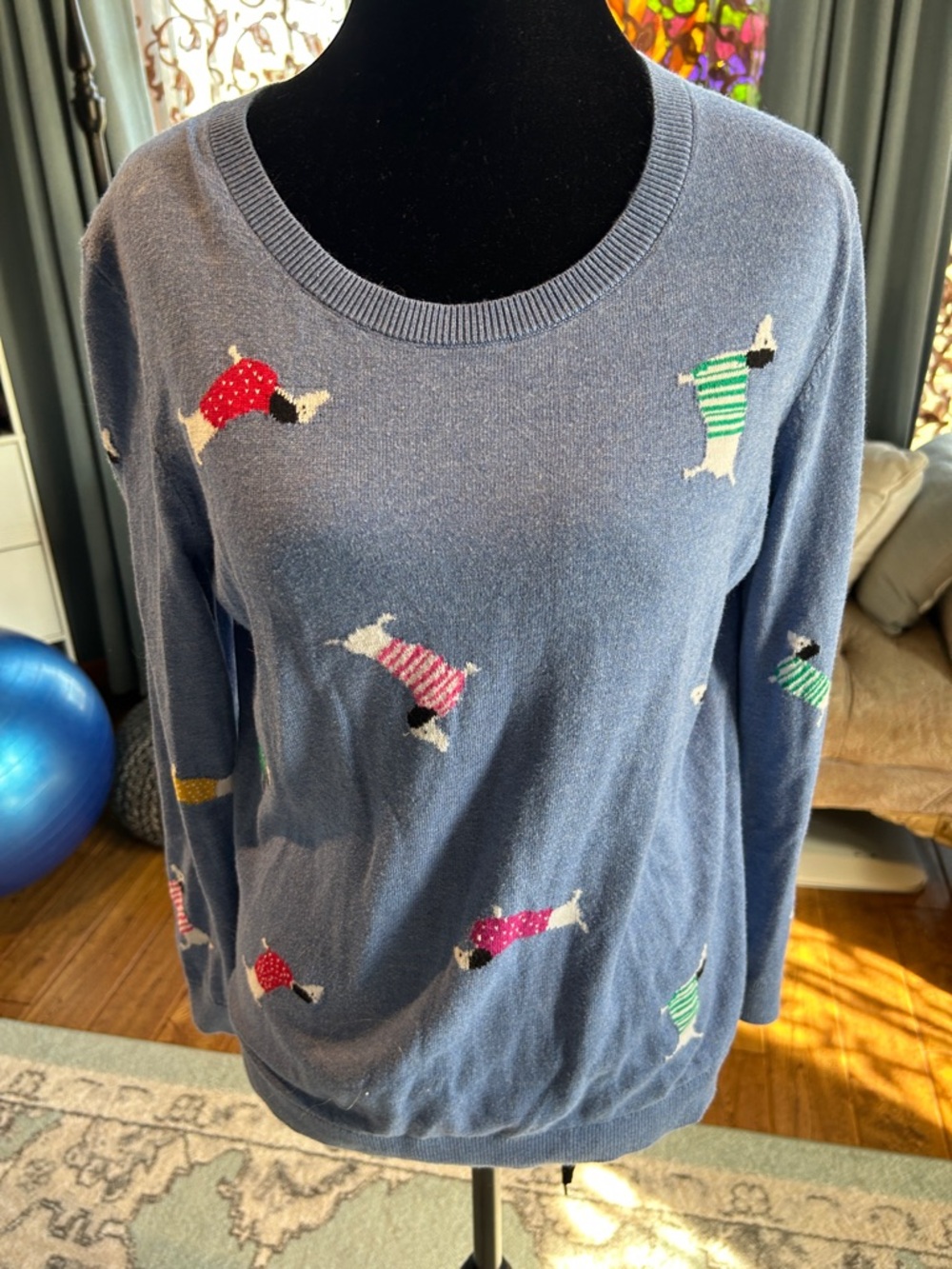 Talbots Blue Scoop Neck Sweater with Playful Dog Motifs